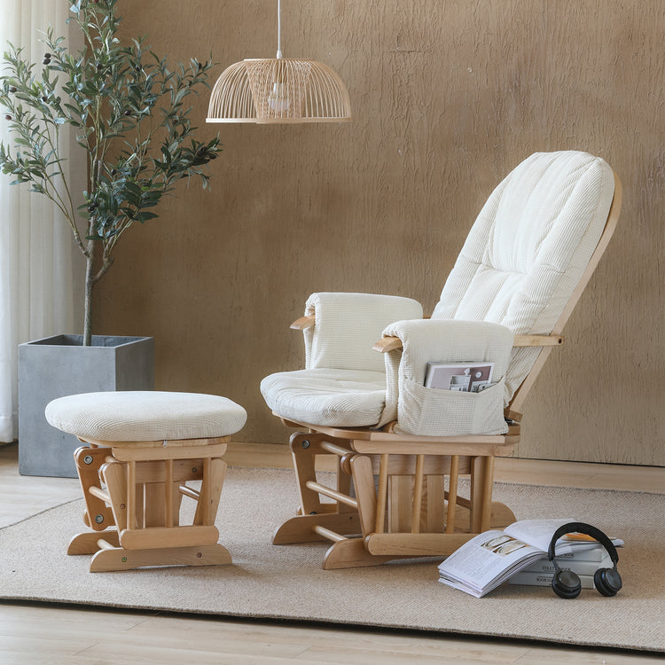 Scandinavian Birch Wood Mixed Weave Fabric Rocking Chair With Ottoman GLIDE Good to Know Preview-1