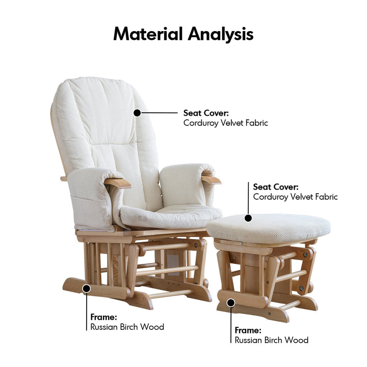 Scandinavian birch wood mixed weave fabric rocking chair with ottoman glide detail 14.