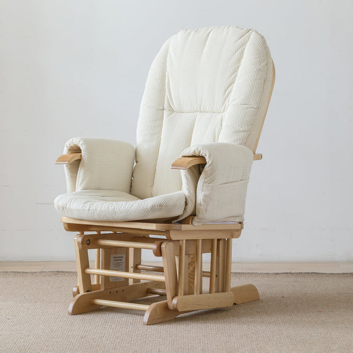 Scandinavian birch wood mixed weave fabric rocking chair with ottoman glide detail 16.
