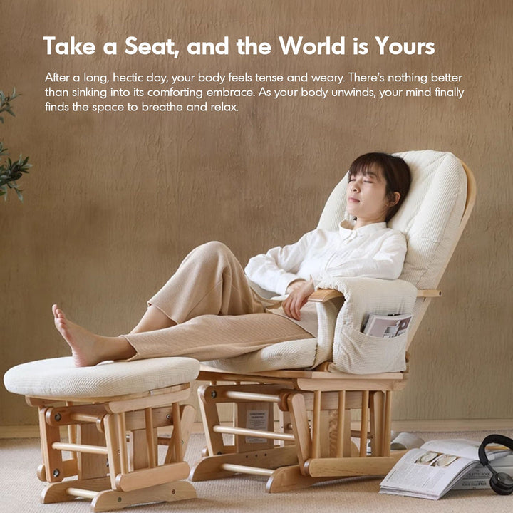Scandinavian birch wood mixed weave fabric rocking chair with ottoman glide with context.