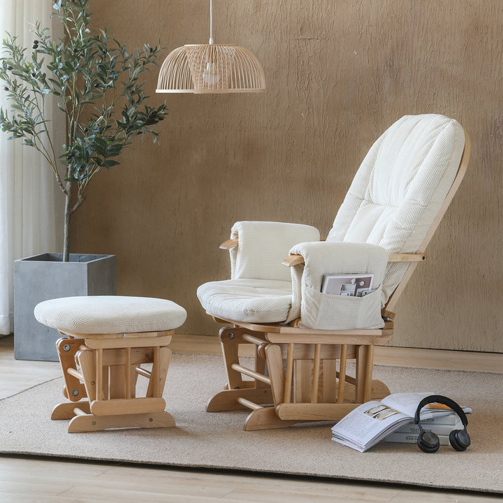 Scandinavian birch wood mixed weave fabric rocking chair with ottoman glide primary product view.