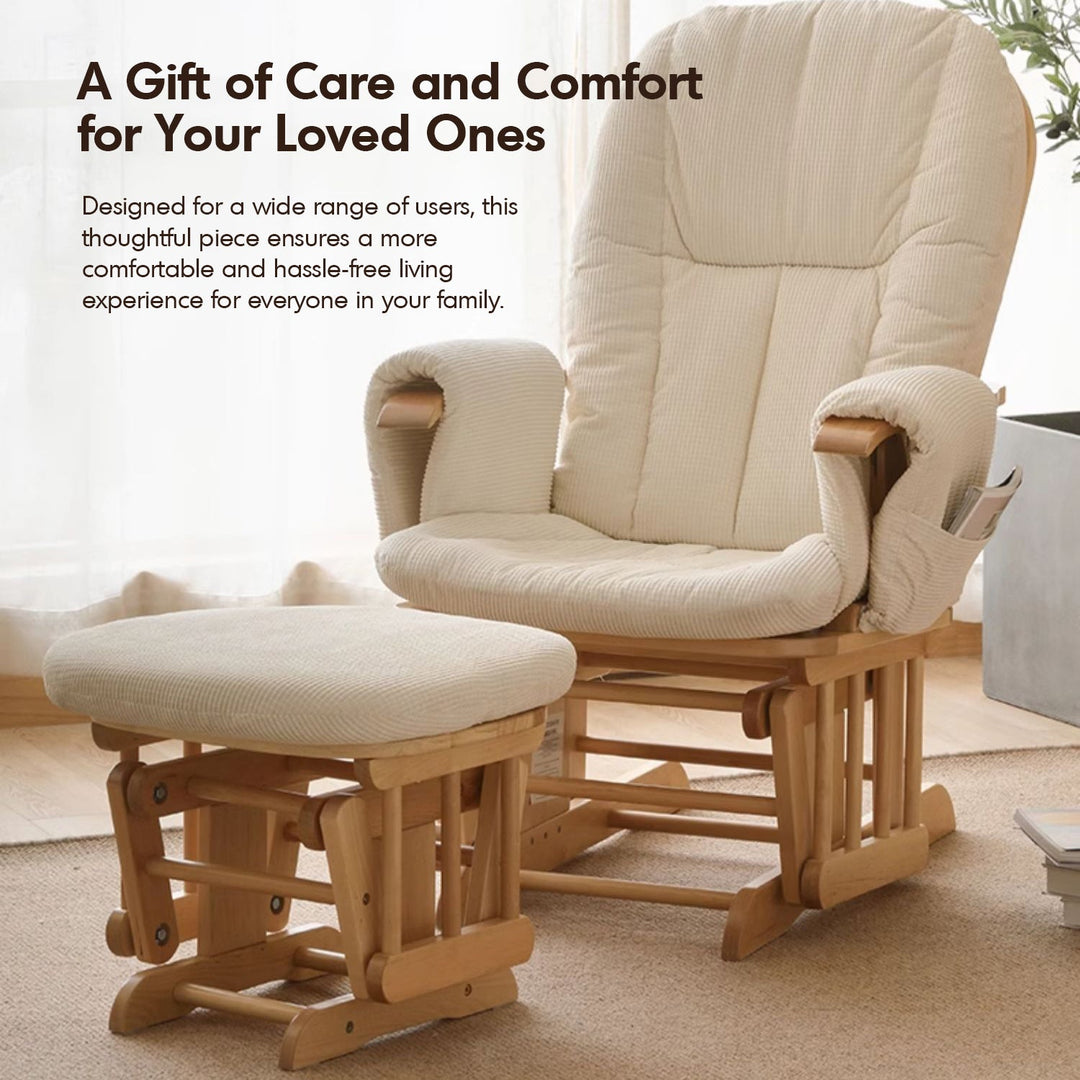 Scandinavian birch wood mixed weave fabric rocking chair with ottoman glide in details.