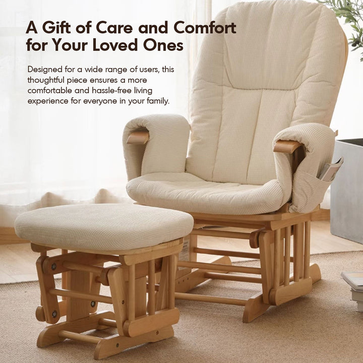 Scandinavian birch wood mixed weave fabric rocking chair with ottoman glide in details.