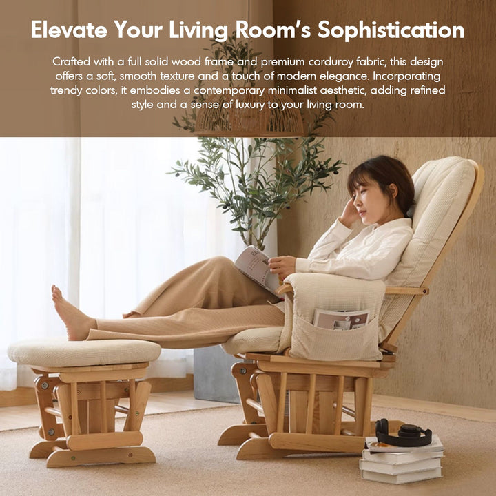 Scandinavian birch wood mixed weave fabric rocking chair with ottoman glide in panoramic view.