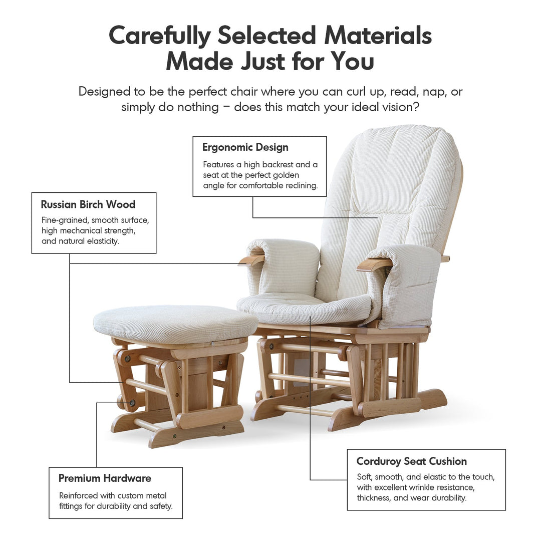 Scandinavian birch wood mixed weave fabric rocking chair with ottoman glide in still life.