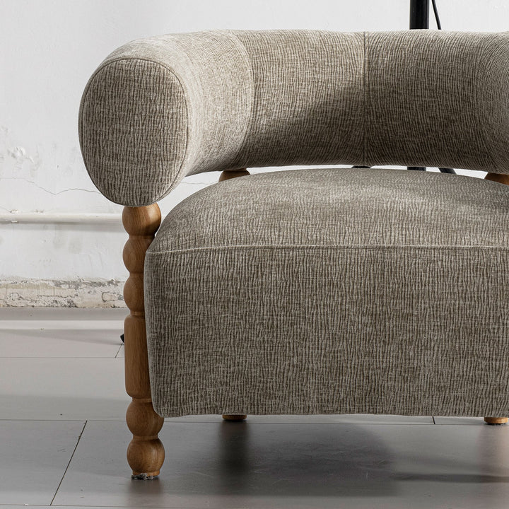 Japandi boucle fabric 1 seater sofa amarah in panoramic view.