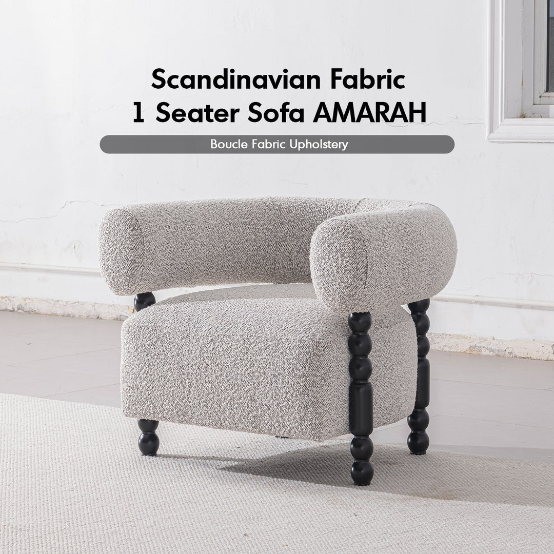 Japandi boucle fabric 1 seater sofa amarah material variants.