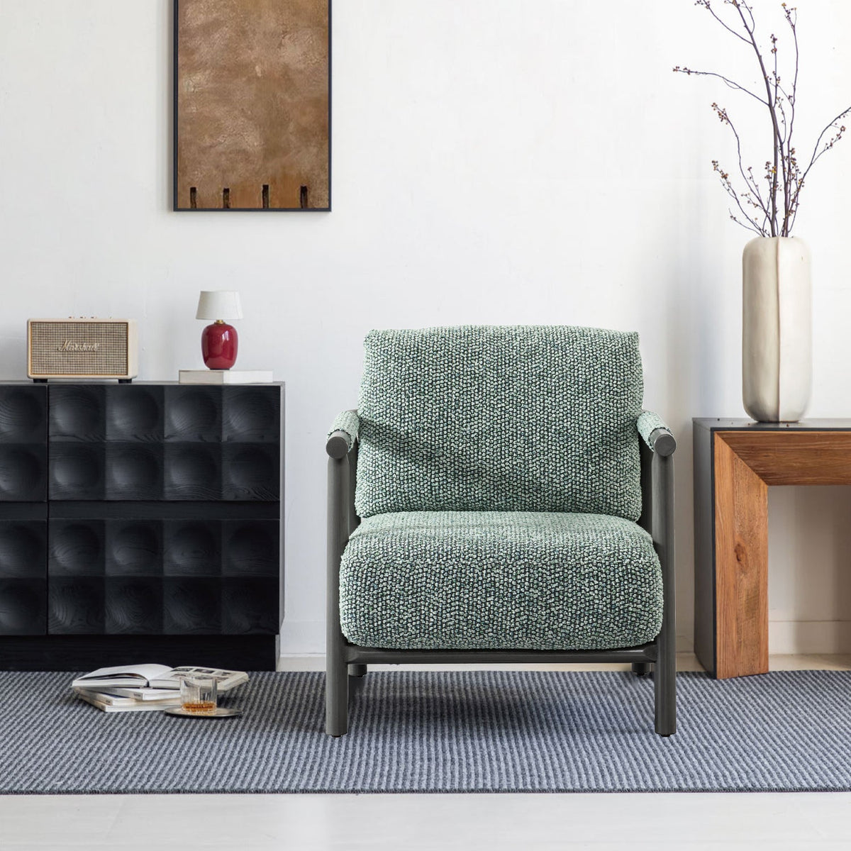 Japandi chenille velvet fabric 1 seater sofa sence primary product view.
