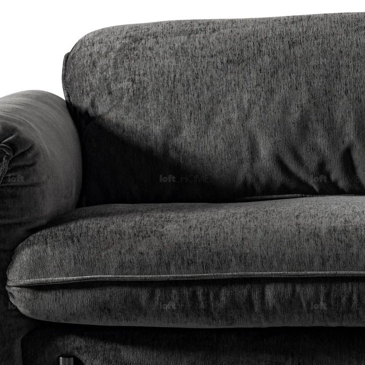 Modern chenille velvet fabric 3 seater sofa dushein in close up details.