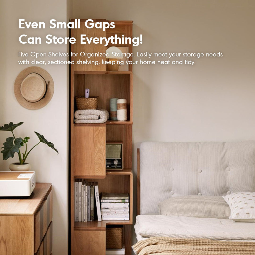 Scandinavian cherry wood corner bookshelf cornera in panoramic view.