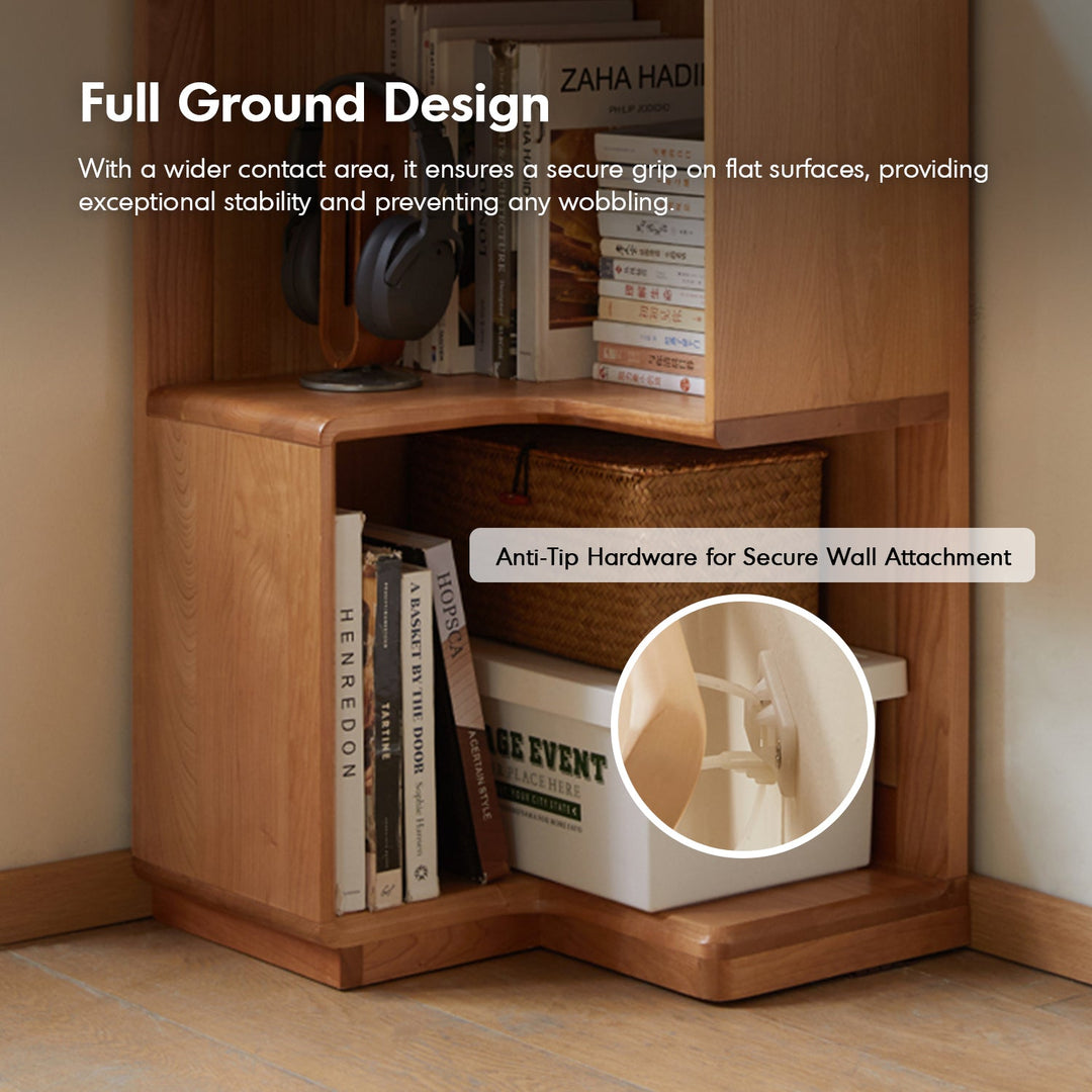 Scandinavian cherry wood corner bookshelf cornera detail 1.