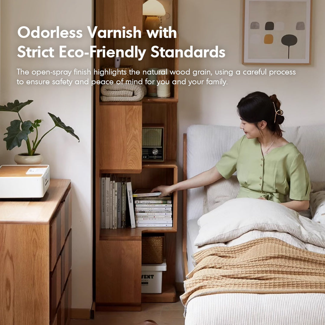 Scandinavian cherry wood corner bookshelf cornera detail 2.