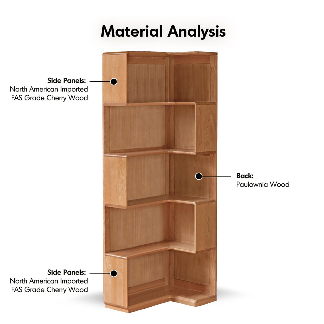 Scandinavian cherry wood corner bookshelf cornera detail 3.