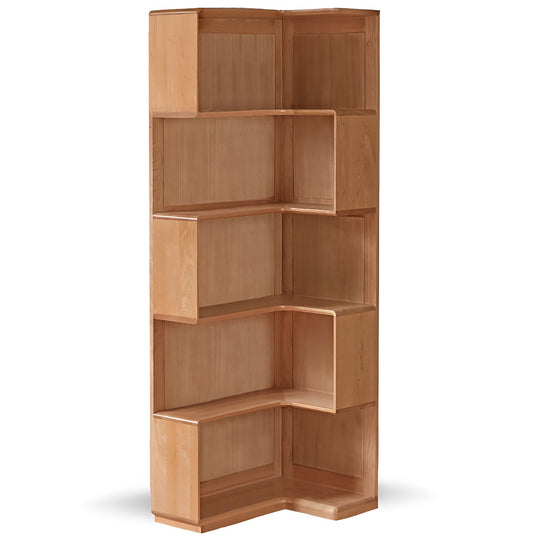 Scandinavian cherry wood corner bookshelf cornera in white background.