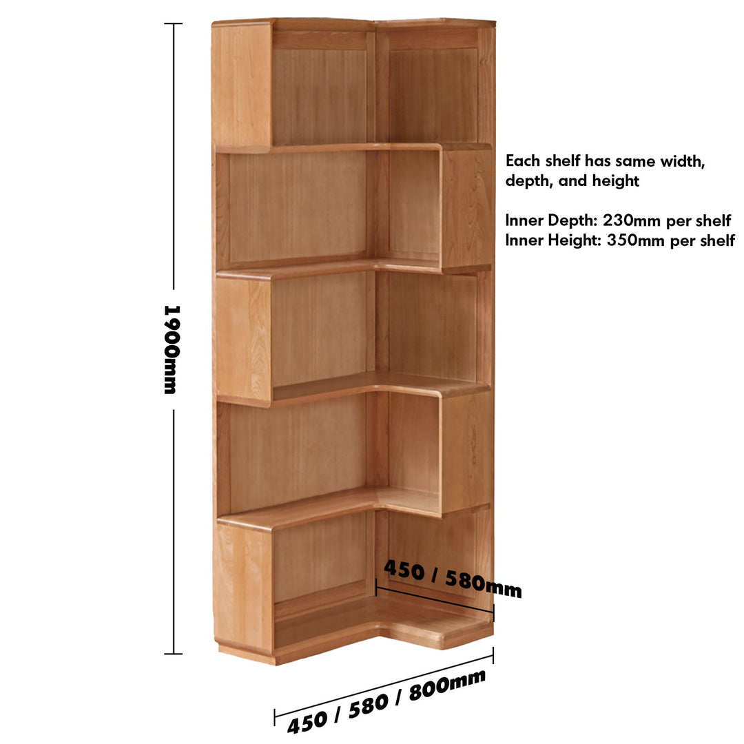 Scandinavian cherry wood corner bookshelf cornera size charts.
