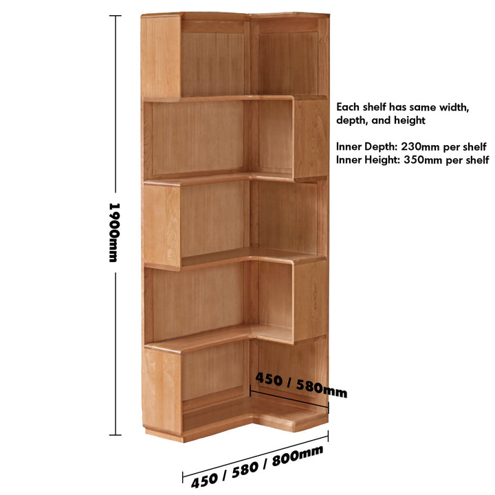 Scandinavian cherry wood corner bookshelf cornera size charts.