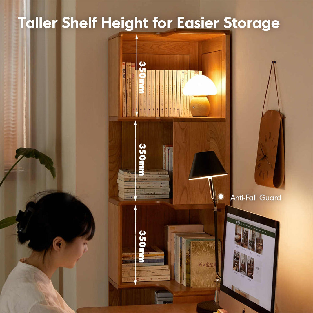 Scandinavian cherry wood corner bookshelf cornera material variants.
