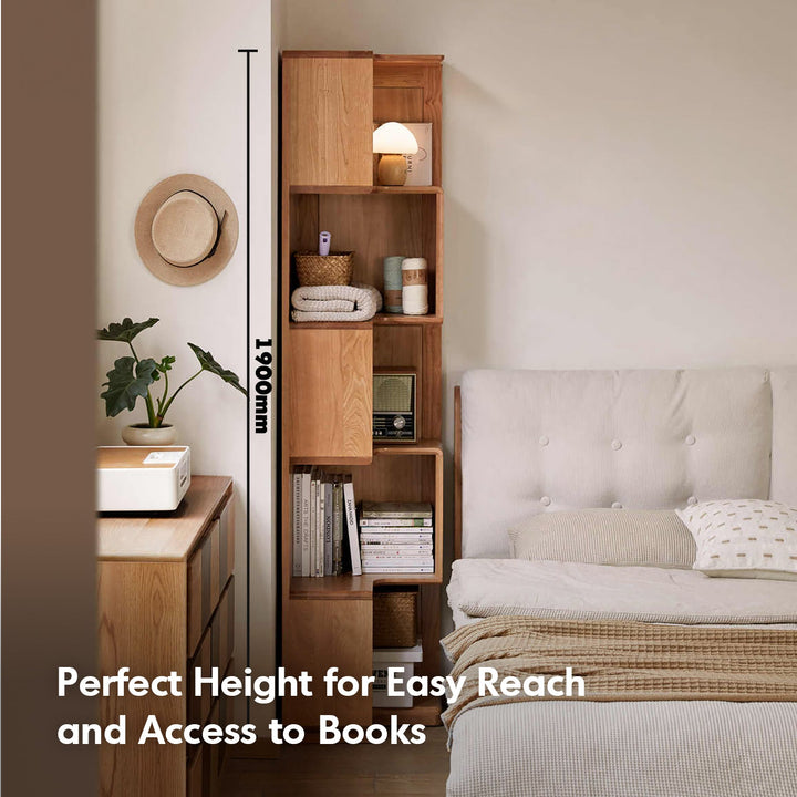 Scandinavian cherry wood corner bookshelf cornera in real life style.