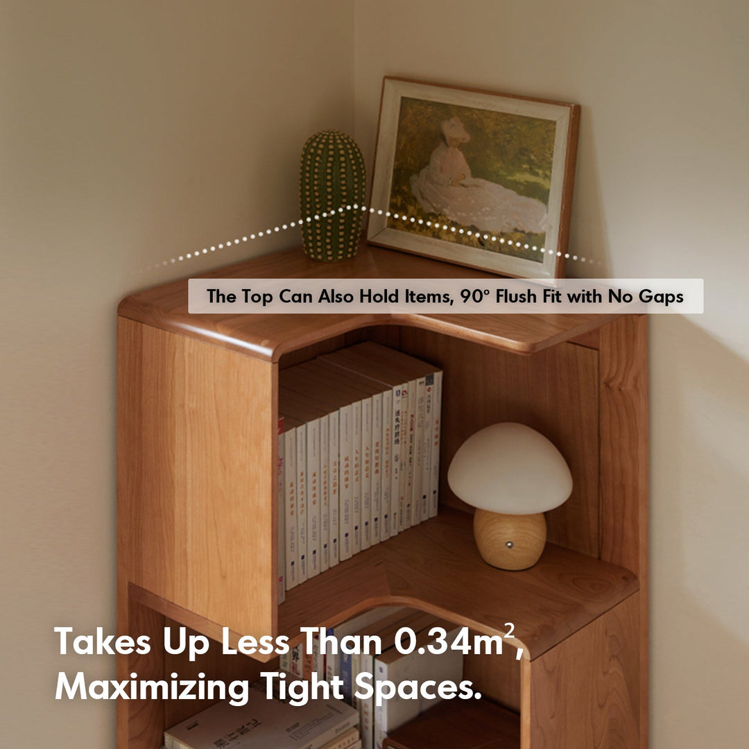 Scandinavian cherry wood corner bookshelf cornera in details.