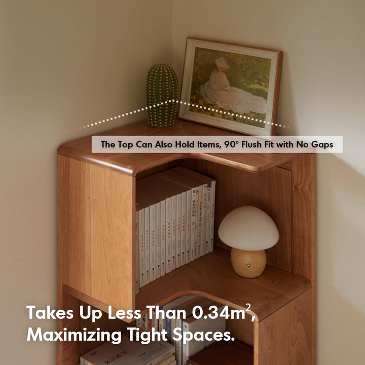 Scandinavian cherry wood corner bookshelf cornera in details.