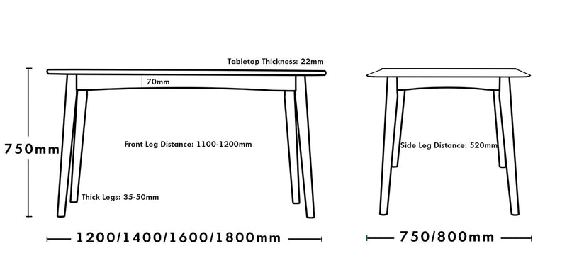 Scandinavian Cherry Wood Dining Table GREEN Size Chart