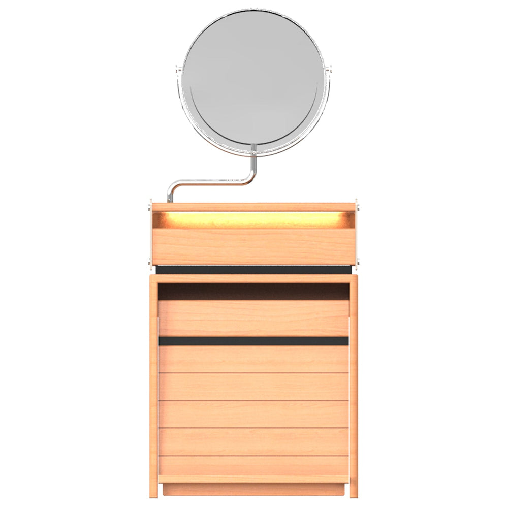 Scandinavian cherry wood dressing table mirror lake in white background.