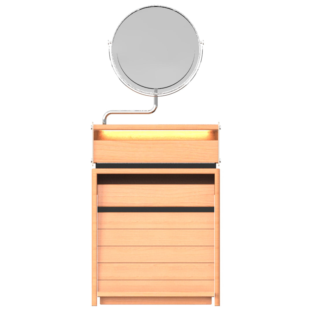 Scandinavian cherry wood dressing table mirror lake in white background.