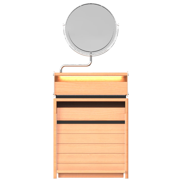 Scandinavian cherry wood dressing table mirror lake in white background.