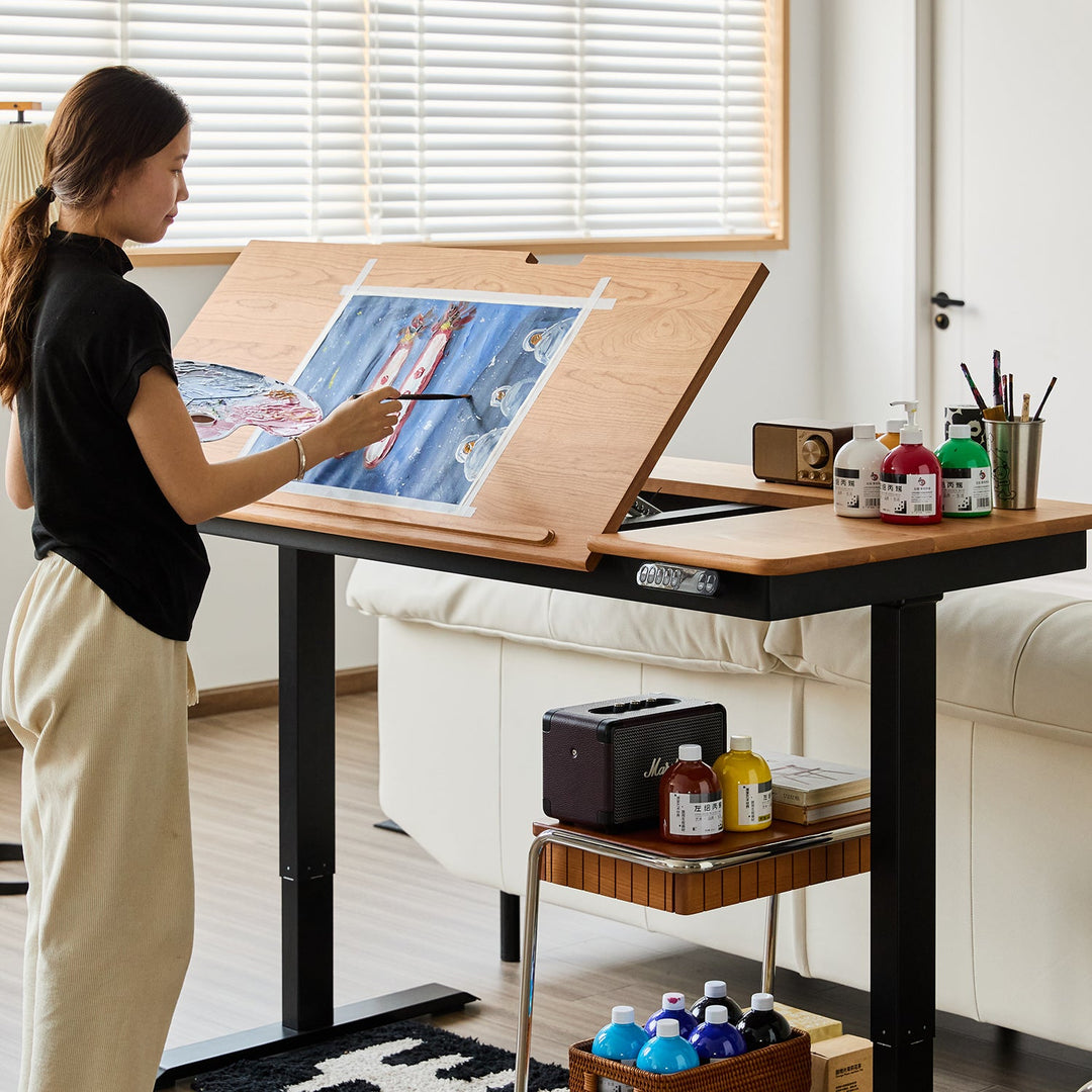 Scandinavian Cherry Wood Electric Height Adjustable Study Table KAZAMA