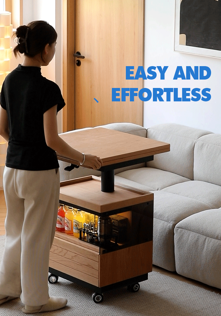 Scandinavian cherry wood extendable height adjustable coffee table mirror lake material variants.