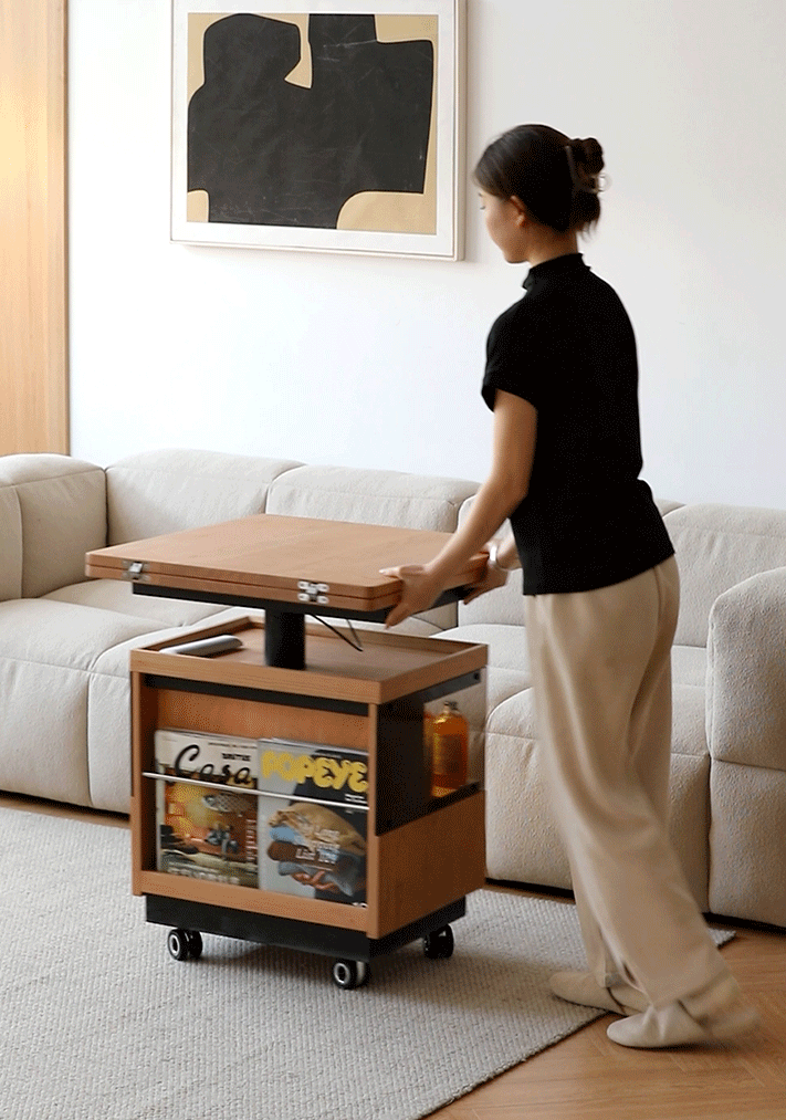 Scandinavian cherry wood extendable height adjustable coffee table mirror lake detail 11.