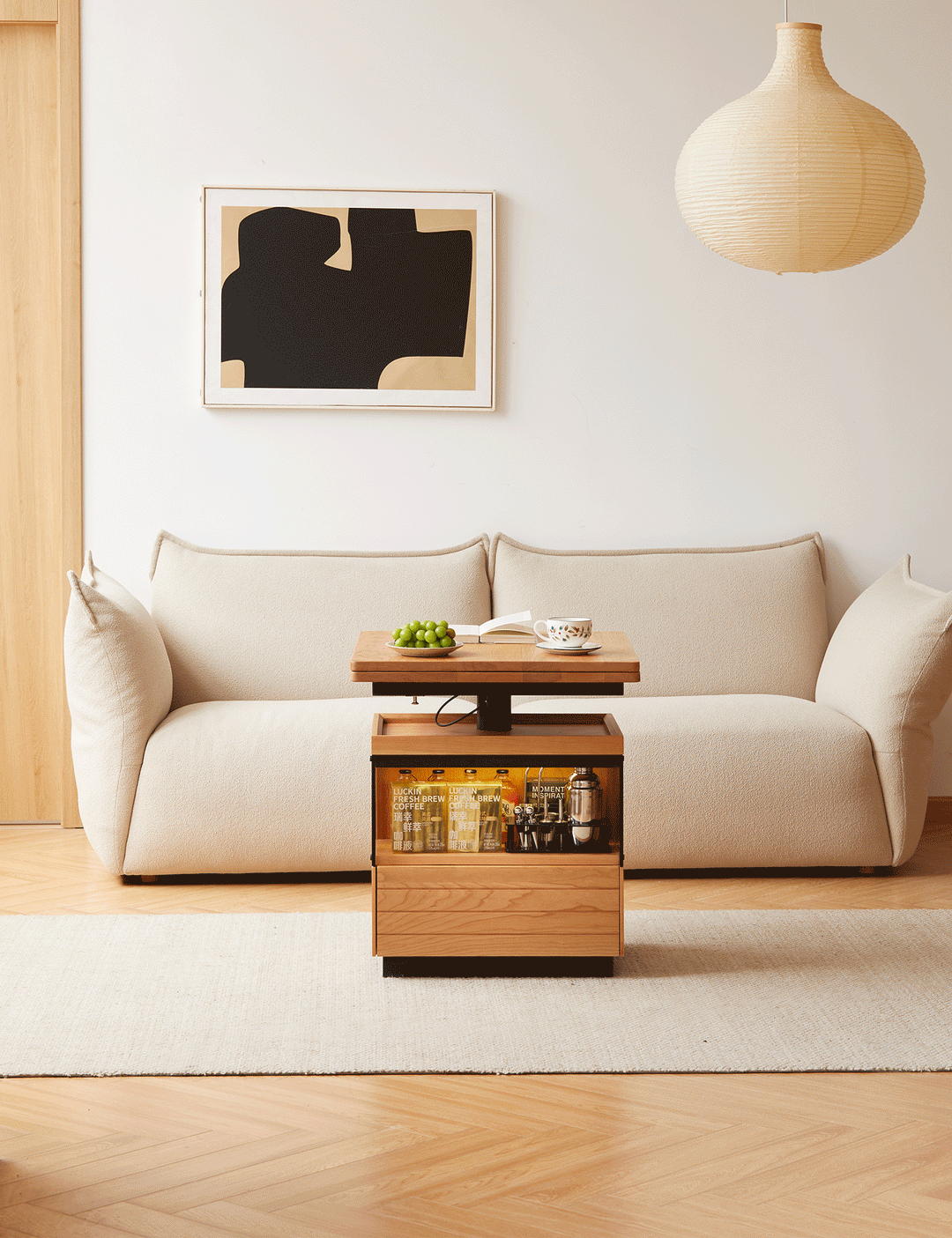 Scandinavian cherry wood extendable height adjustable coffee table mirror lake in panoramic view.