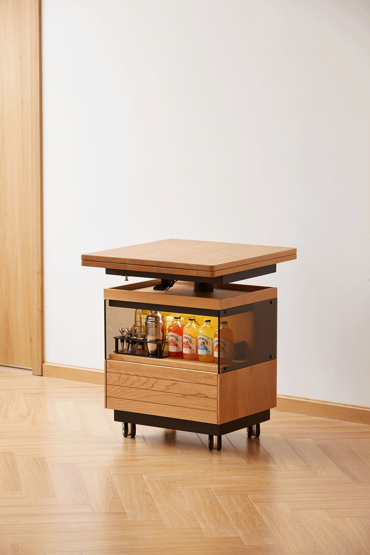 Scandinavian cherry wood extendable height adjustable coffee table mirror lake with context.