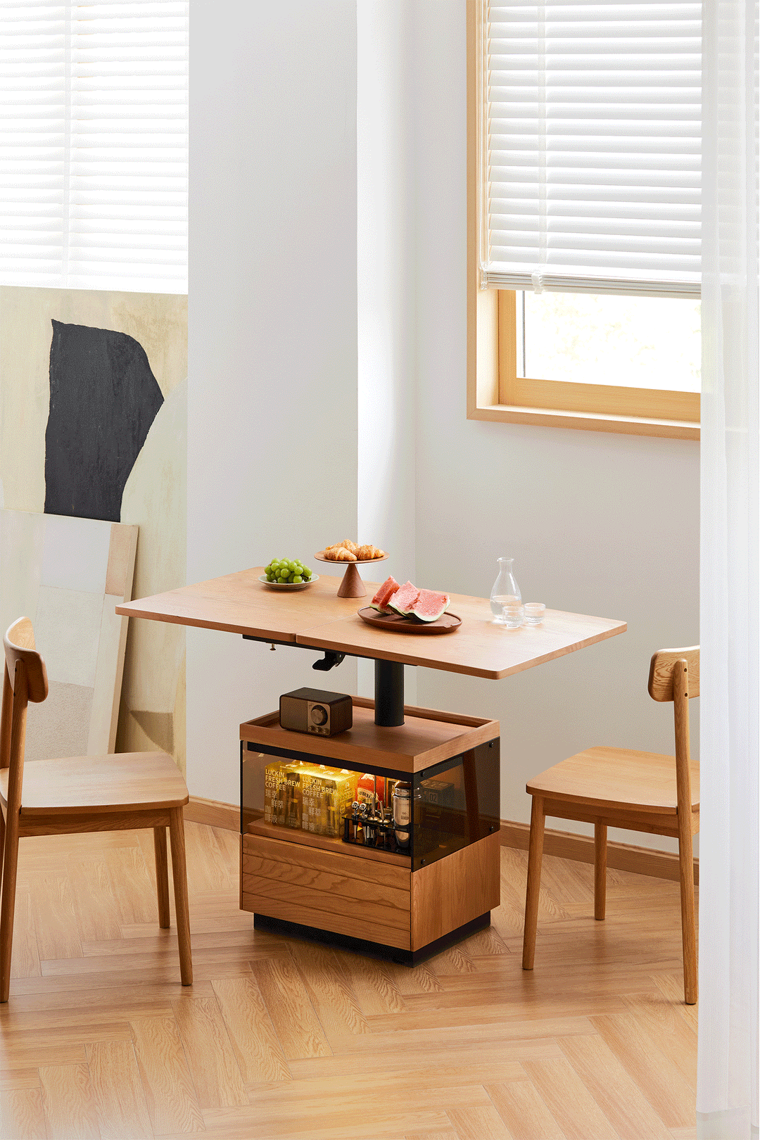 Scandinavian cherry wood extendable height adjustable coffee table mirror lake detail 1.