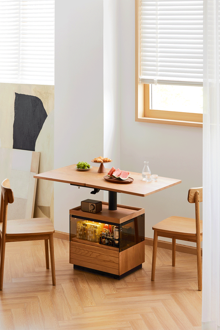 Scandinavian cherry wood extendable height adjustable coffee table mirror lake detail 1.