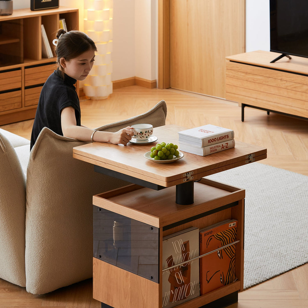 Scandinavian cherry wood extendable height adjustable coffee table mirror lake conceptual design.