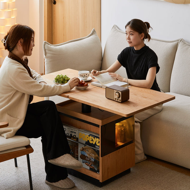 Scandinavian cherry wood extendable height adjustable coffee table mirror lake layered structure.