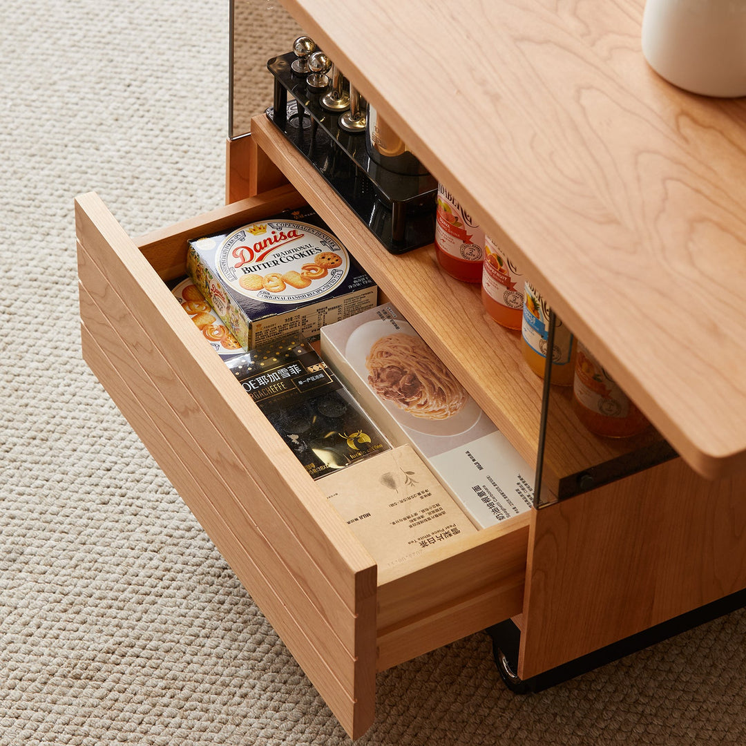 Scandinavian cherry wood extendable height adjustable coffee table mirror lake detail 6.