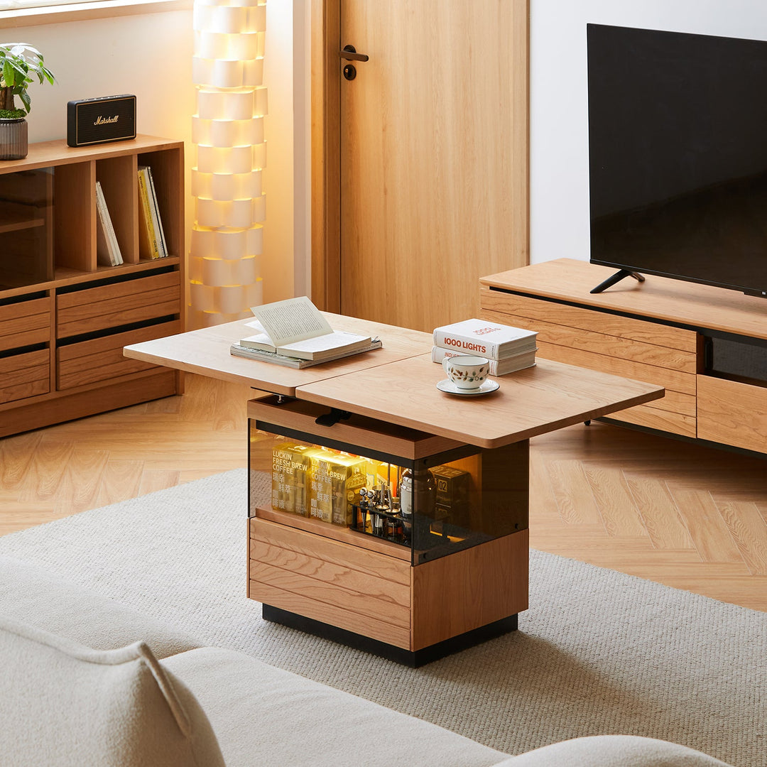 Scandinavian cherry wood extendable height adjustable coffee table mirror lake primary product view.