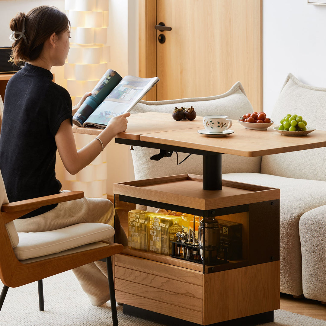 Scandinavian cherry wood extendable height adjustable coffee table mirror lake in details.