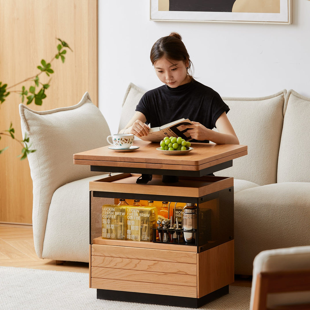 Scandinavian cherry wood extendable height adjustable coffee table mirror lake in close up details.