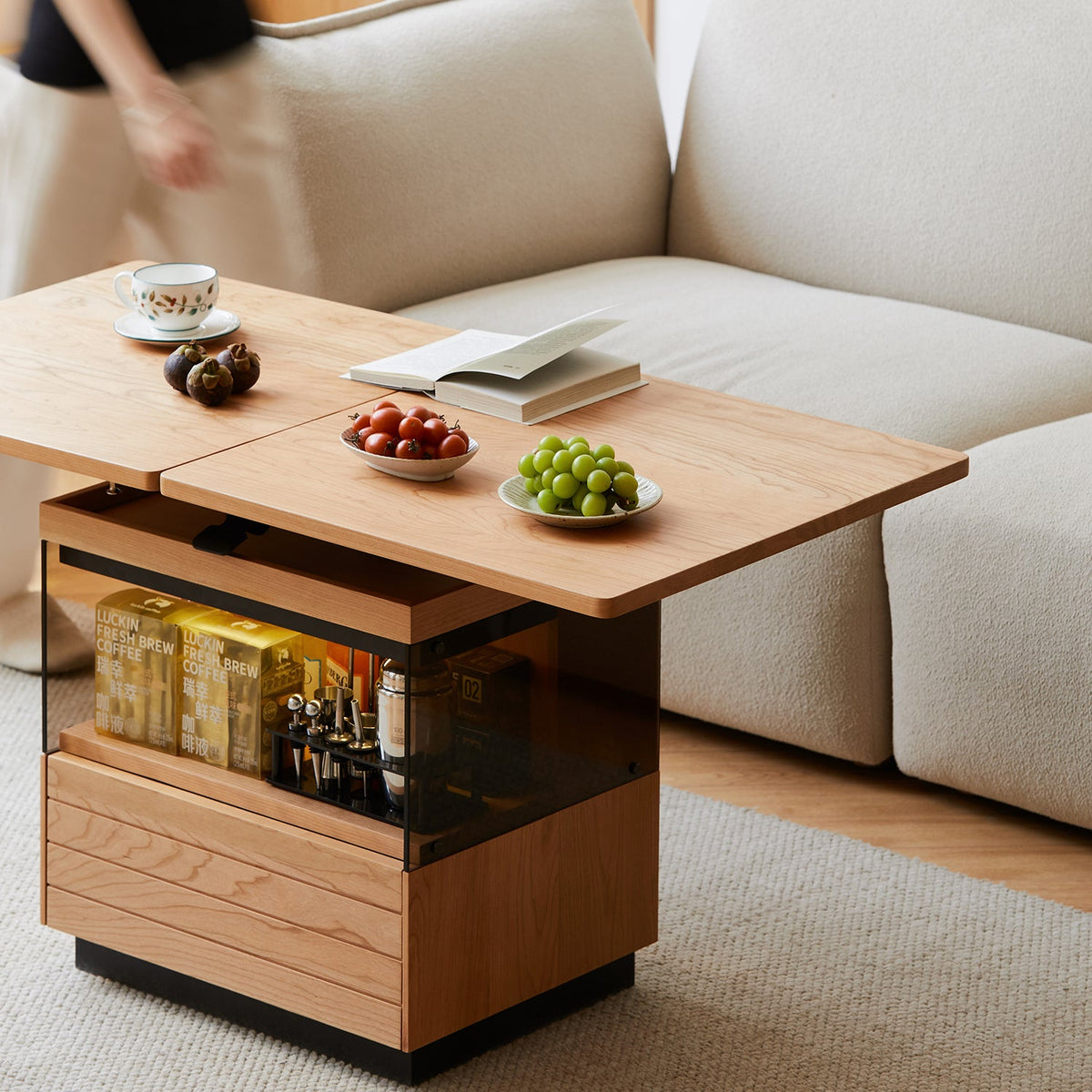 Scandinavian cherry wood extendable height adjustable coffee table mirror lake in still life.