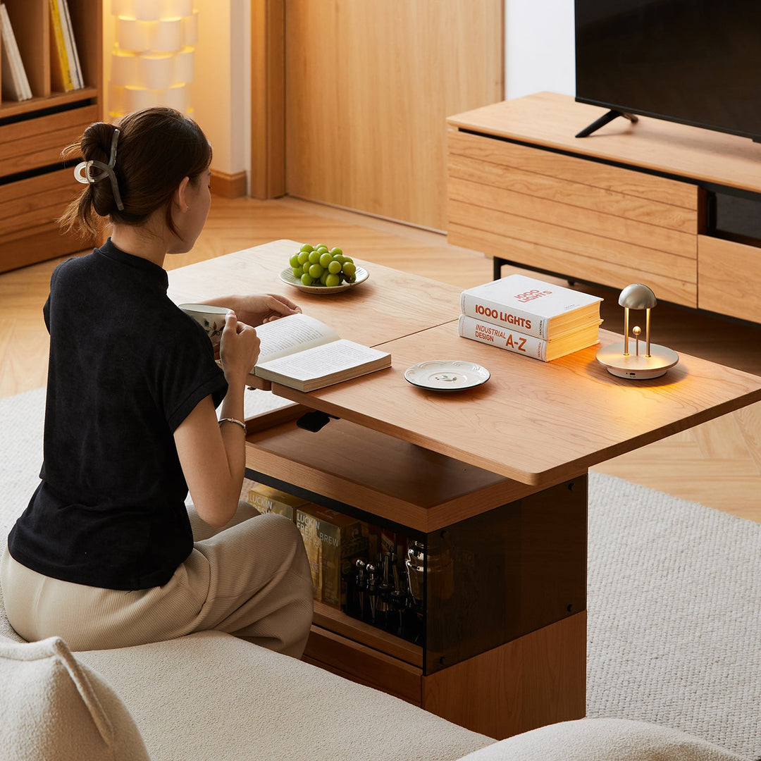 Scandinavian cherry wood extendable height adjustable coffee table mirror lake environmental situation.