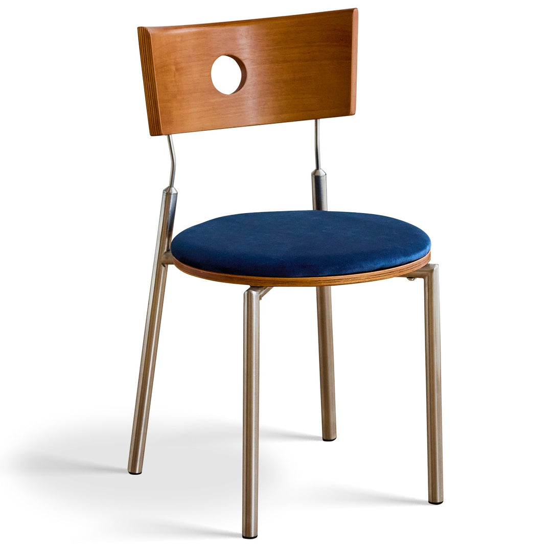 Scandinavian cherry wood mix weave fabric dining chair timeless in white background.