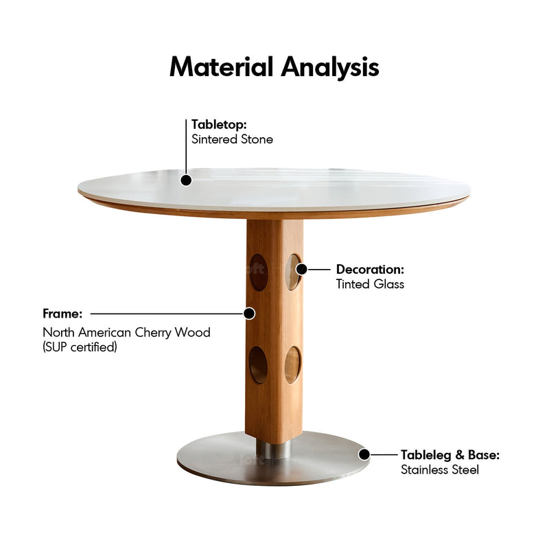 Scandinavian Cherry Wood Sintered Stone Round Dining Table TIMELESS Material Details Chart
