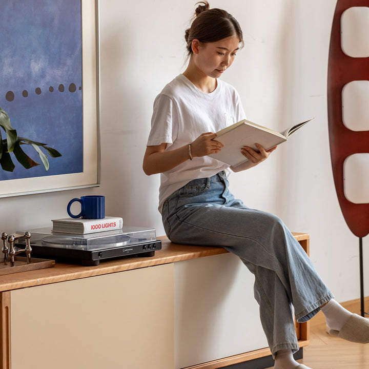 Scandinavian Cherry Wood Sliding Door TV Console TIMELESS