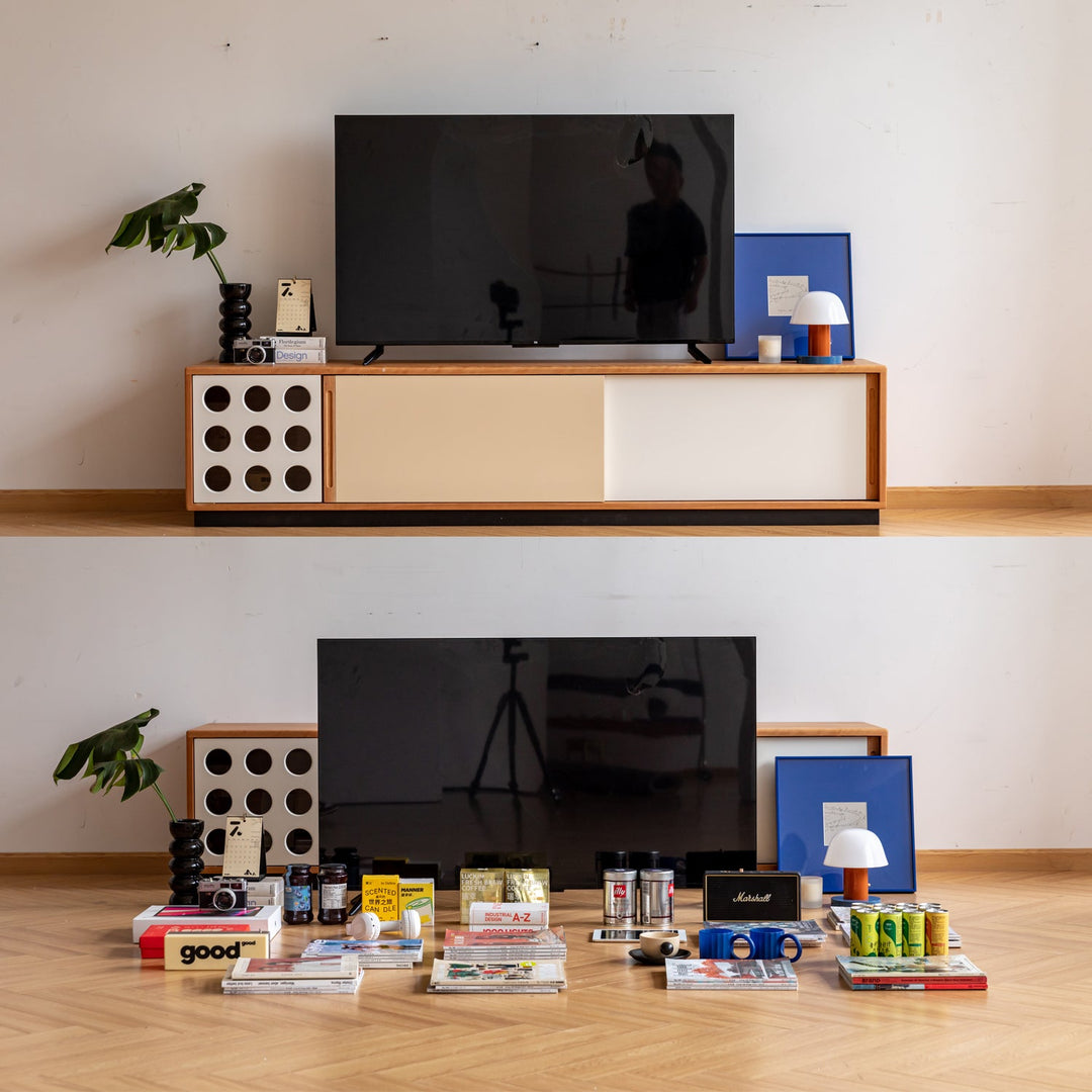 Scandinavian cherry wood sliding door tv console timeless situational feels.