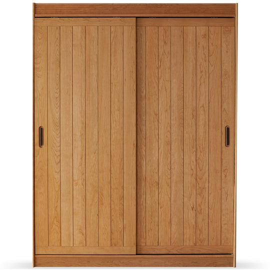 Scandinavian cherry wood sliding door wardrobe nava in white background.