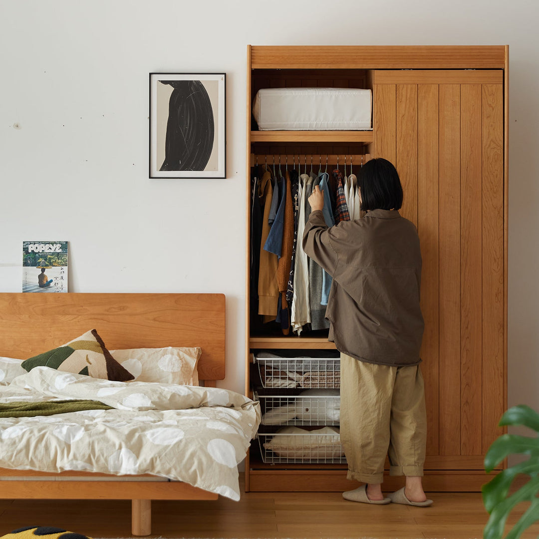 Scandinavian cherry wood sliding door wardrobe nava color swatches.