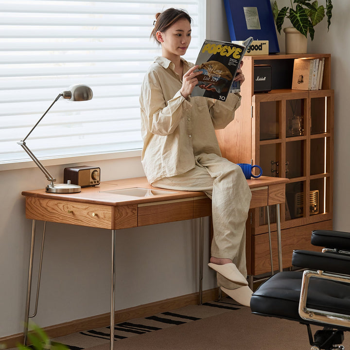 Scandinavian cherry wood study table timeless in close up details.